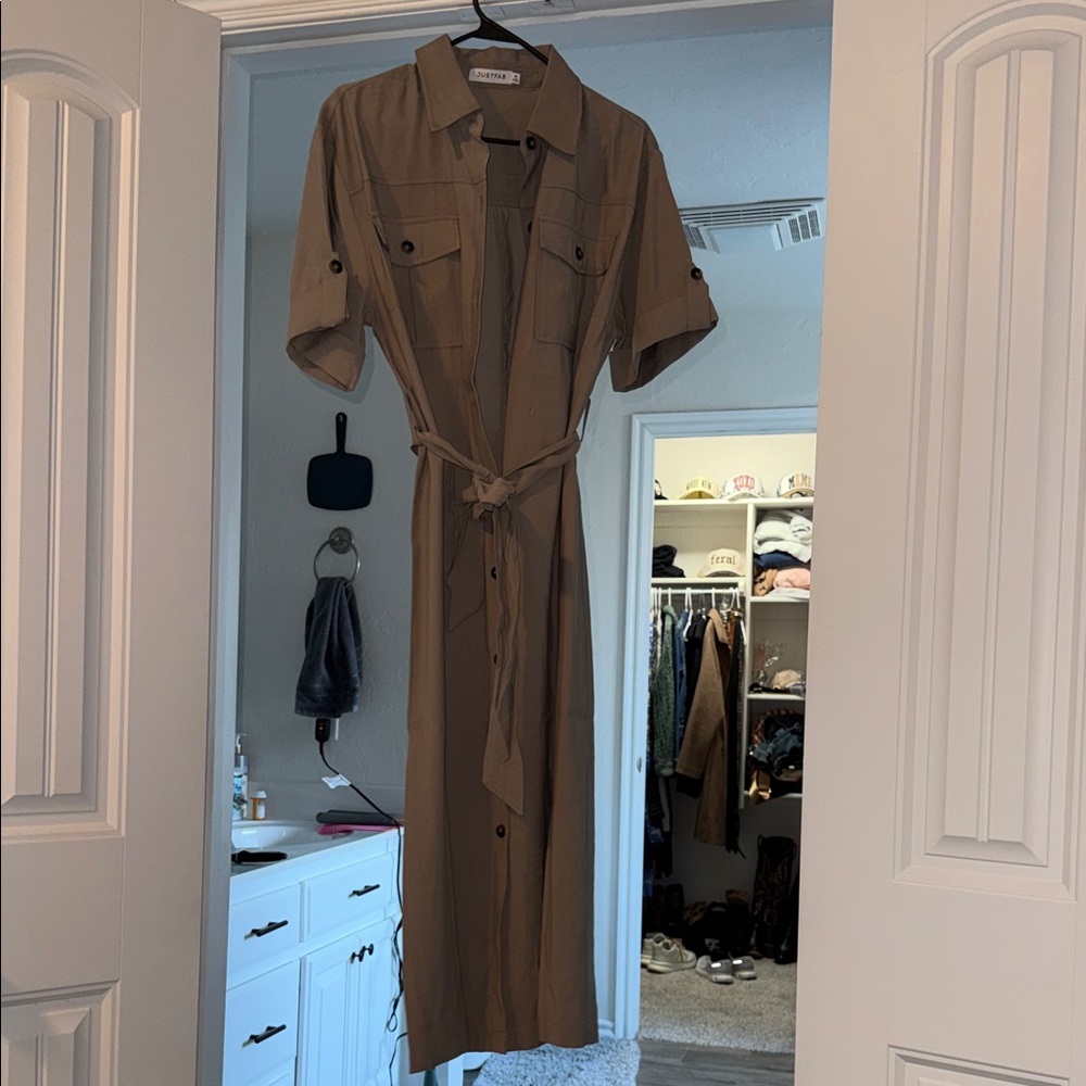 JustFab Tan Button-Front Midi Shirt Dress with Tie Waist